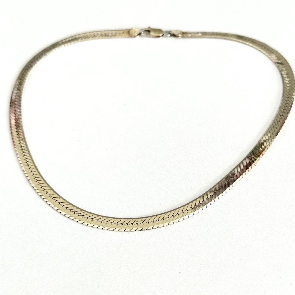 925 Italy Sterling Silver Gold Vermeil Vintage 6.5MM Herringbone Chain Necklace - Picture 5 of 9